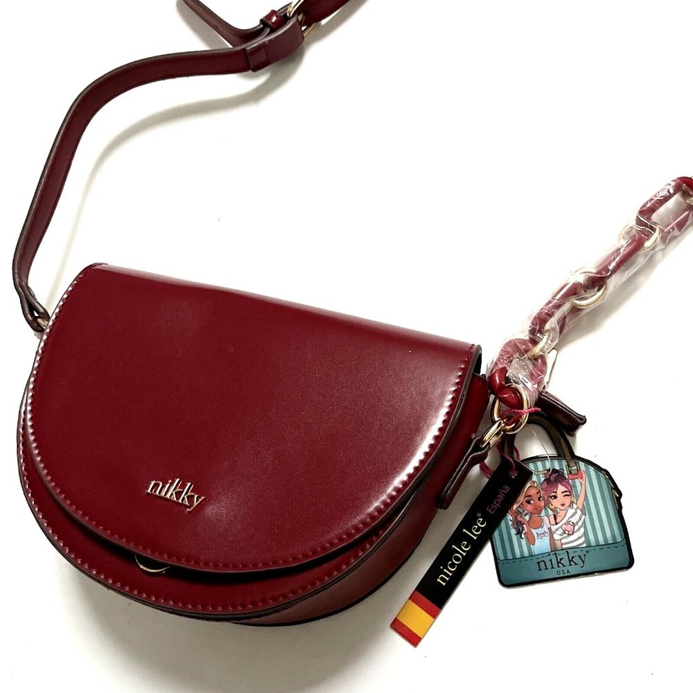 NWT Nikky by Nicole Lee Flap Crossbody Saddle Bag Burgundy Chain Strap Polka Dot